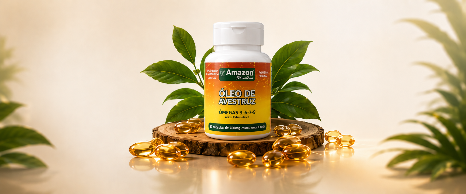 Frasco de Óleo de Avestruz Amazon Struthio com folhas e cápsulas