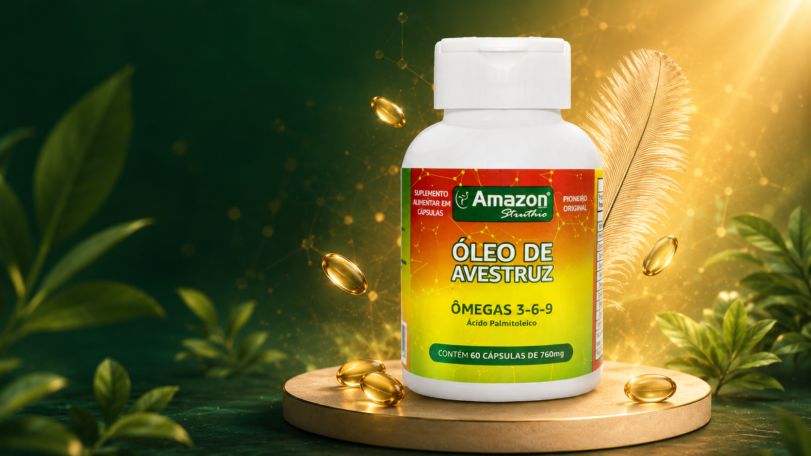 Frasco do Óleo de Avestruz Amazon Struthio em destaque sobre fundo verde e dourado